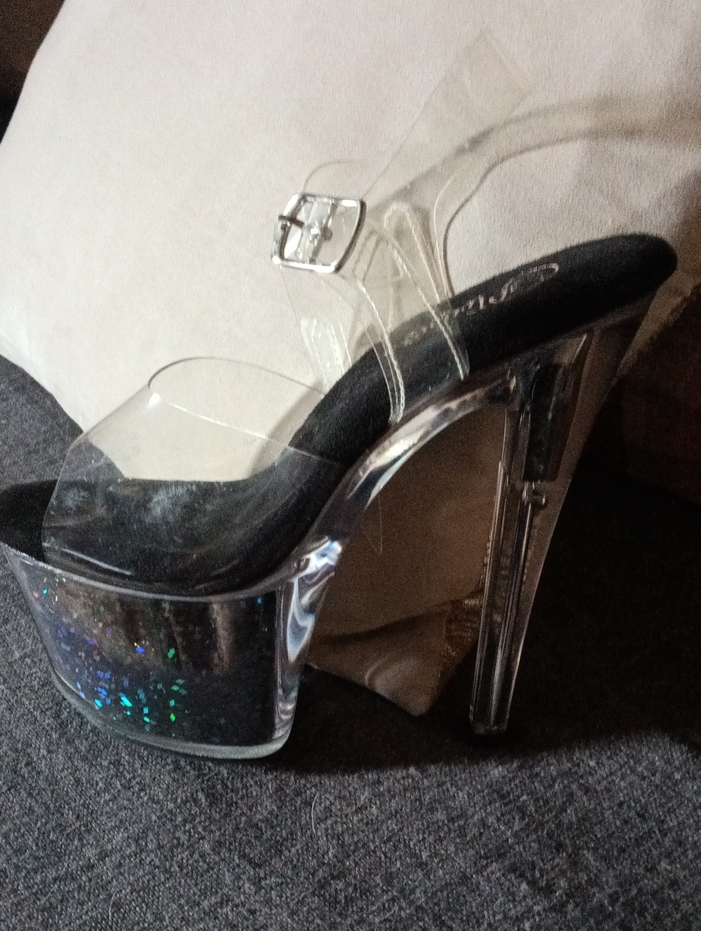 Pleaser Clear Platform Heel Sandal with Black Footbed and Holographic Glitter